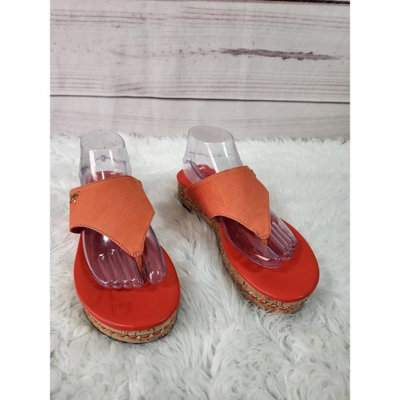 Karl Lagerfeld Paris Women's‎ Orange Leather Wedge Flip Flop Sandals Size 9M - Picture 1 of 8